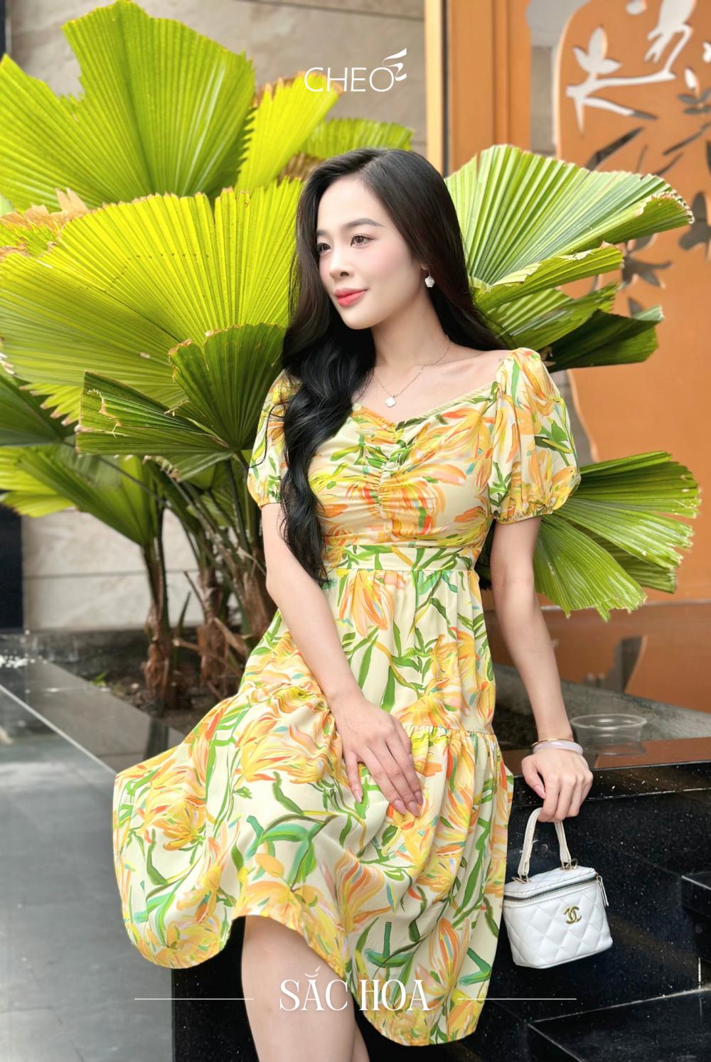 Đầm nhún ngực lá xanh cam